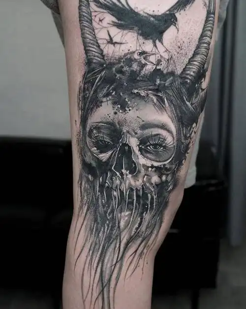 纹身图片_腿部欧美写实black work暗黑纹身图案