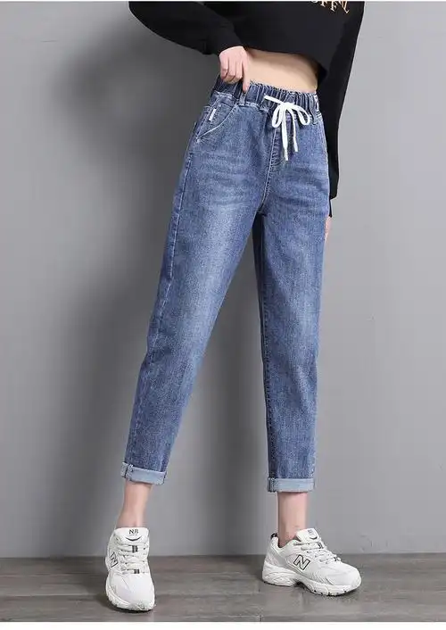 秋款大码女装新款松紧高腰牛仔裤女裤子秋季女生胖mm显瘦哈伦裤潮1130