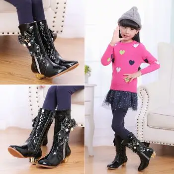 女童高跟靴子中大童宝宝儿童高筒冬季加绒公主鞋秋冬2017新款长靴
