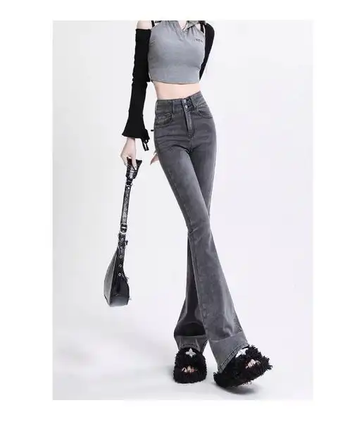 烟灰色微喇叭牛仔裤女秋季新款高腰弹力显瘦小个子马蹄喇叭裤子潮