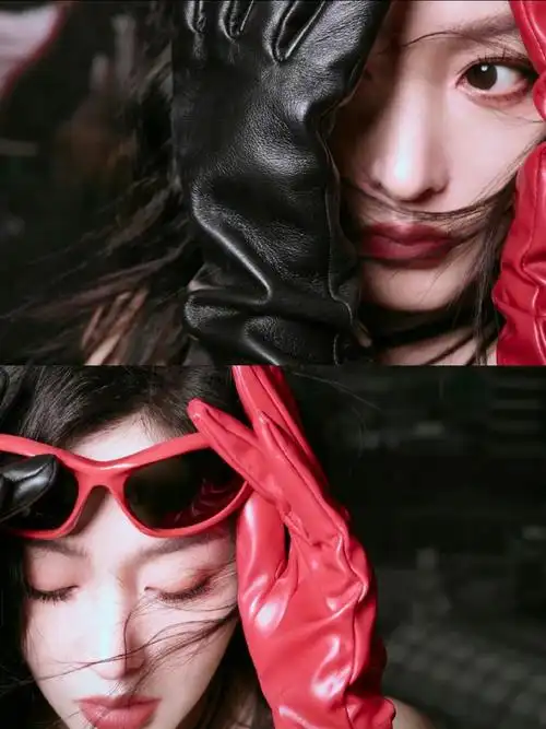 张天爱红黑皮衣