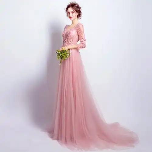 粉色蕾丝花朵长袖新娘结婚敬酒服婚礼晚宴年会婚纱礼服6879t