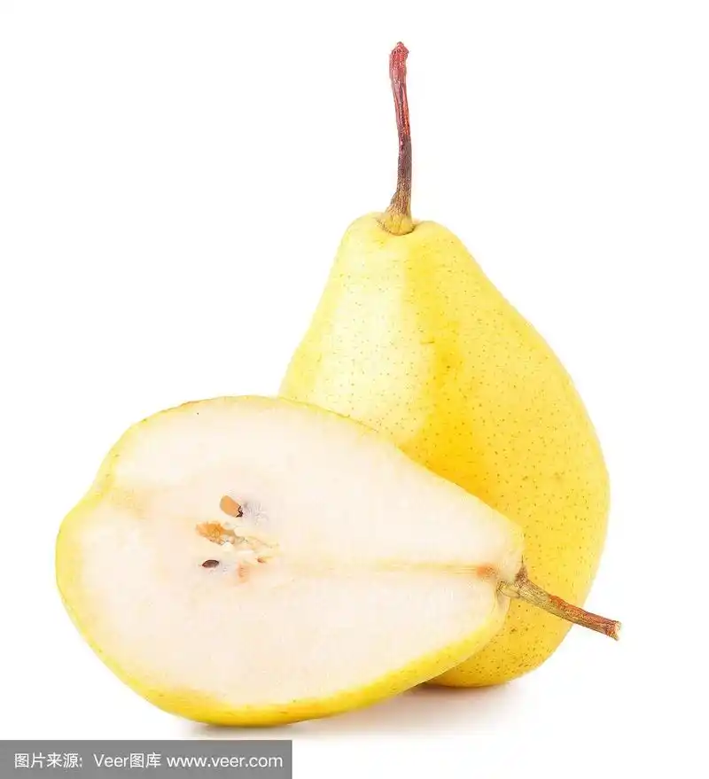 黄色的梨子,切好,整个,白底