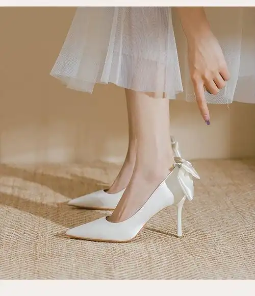 尖头婚纱新娘鞋水晶18岁蝴蝶结成人礼高跟鞋婚鞋女夏季白色高跟鞋蝴蝶