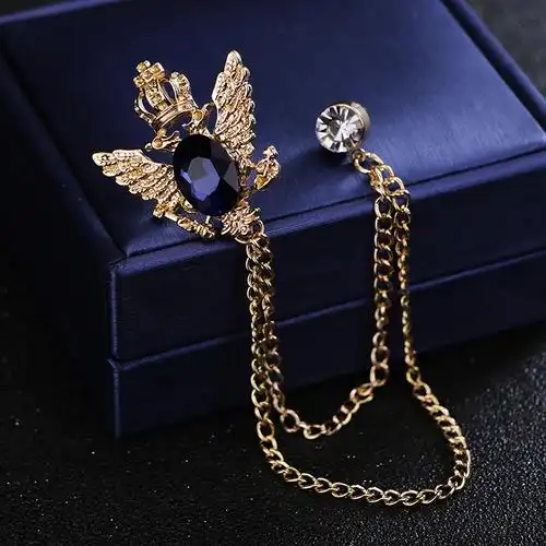 月蝶(yuedie)欧美复古小西装皇冠双头鹰翅膀胸针 潮男胸花水晶流苏链