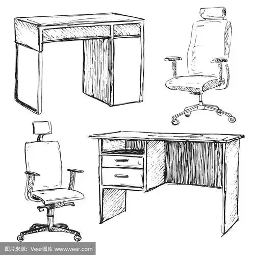 不同的办公桌椅.白色背景上的线性黑色家具.矢量插图.