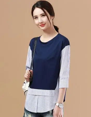 韩潮袭人2018春夏新品t恤女韩版时尚显瘦七分袖假两件上衣 宝蓝 xl