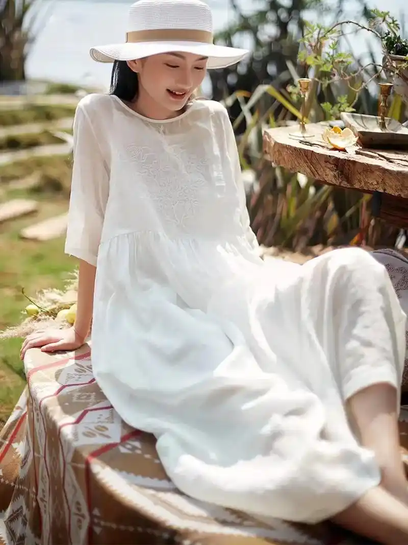 高支苎麻连衣裙夏文艺质感浪漫休闲飘逸宽松.
