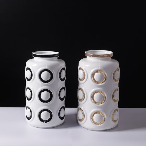 现代简欧意式轻奢圆柱形圆圈陶瓷花瓶摆件家居样板房软装饰品用品