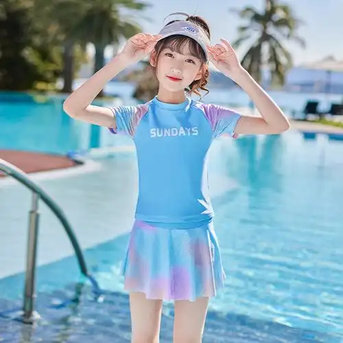 儿童泳衣女孩2022新款夏短袖中小大童分体裙泡温泉女童游泳衣