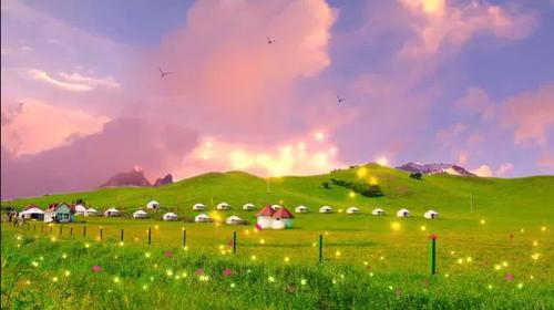 梦幻大草原蒙古包蓝天白云牛羊自然风光led舞台背景动态视频素材