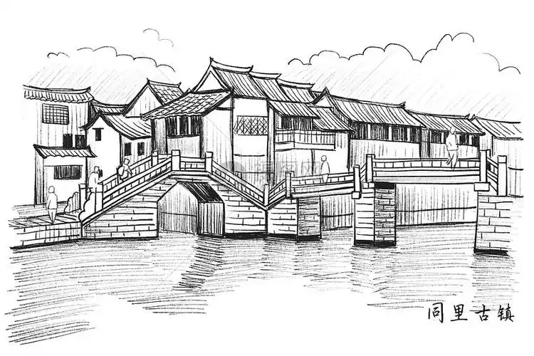 国内旅游景点苏州速写同里古镇插画图片下载-正版图片401930458-摄