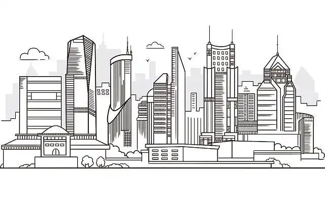 卡通城市建筑剪影线条插画建筑城市背景