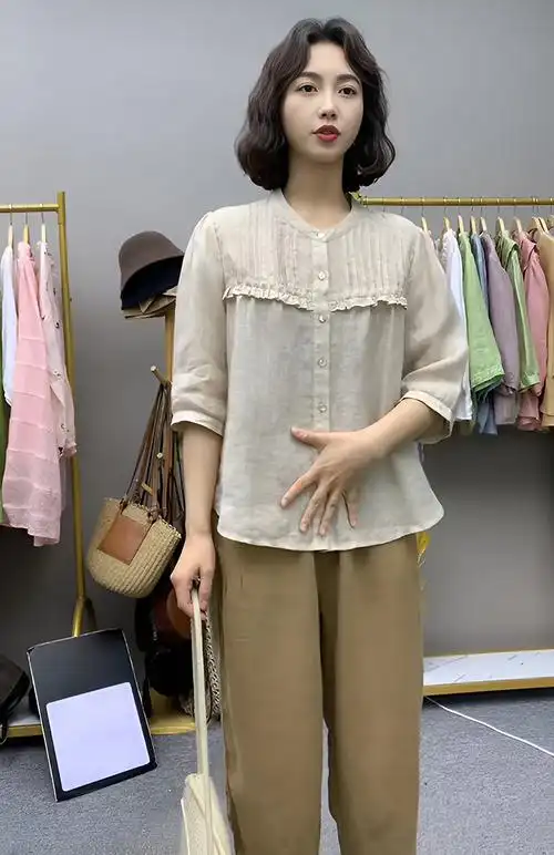 官图 文艺复古纯色苎麻上衣女士夏季七分袖休闲时尚显瘦开衫衬衣 - 17