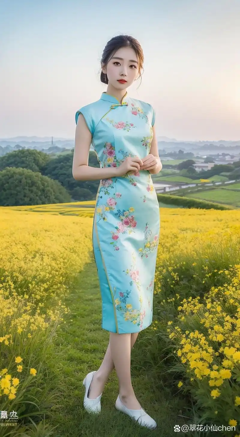 98夕阳下的油菜花旗袍美人93  98夕阳的余晖洒在金黄的油菜花