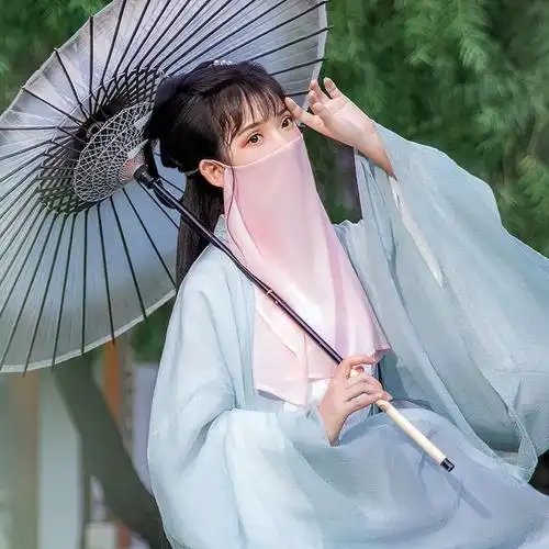 雪纺面纱汉服遮面蒙面防晒仙女古装纱巾刺绣面帘美女女面纱白色系带款