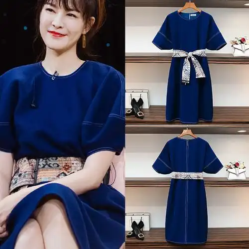 妻子的浪漫旅行李艾同款泡泡袖简约小心机撞色印花收腰显瘦连衣裙