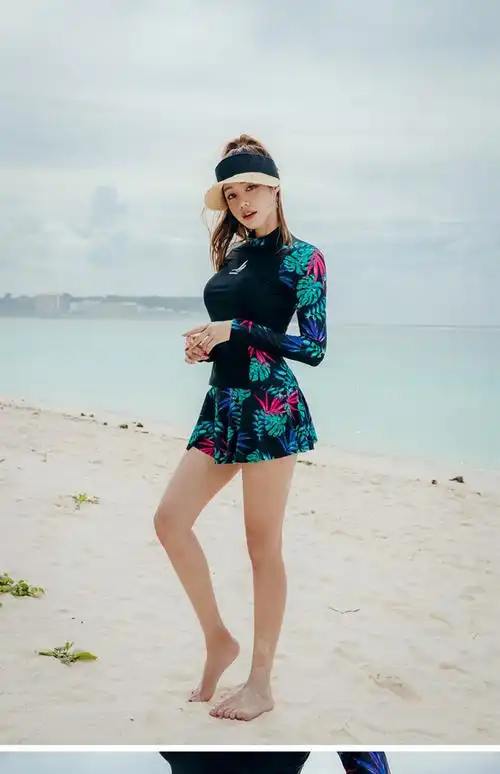 三奇长袖泳衣女士保守分体裙式显瘦遮肚运动韩国大码泡温泉游泳装桔色