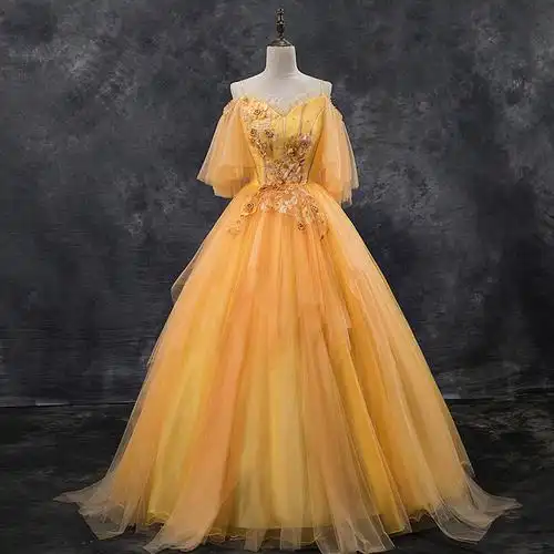 新款蓬蓬裙长裙金色欧美新款表演彩纱独唱艺考女主持演出服晚礼服