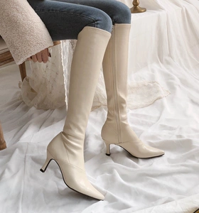 韩版靴子女19秋新款尖头白色瘦瘦靴侧拉链细高跟长筒靴骑士马丁靴