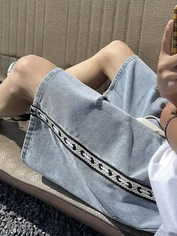 南缎牛仔短裤男夏季新款破洞水洗牛仔短裤男夏季织带感沙滩五分裤韩版