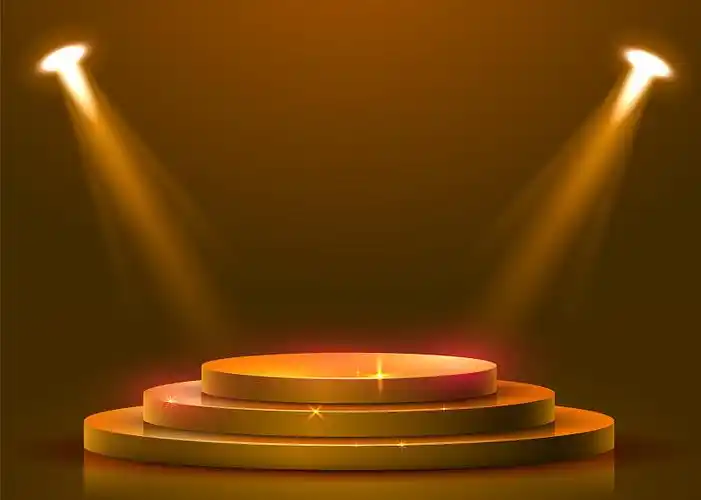 金色舞台与聚光灯和星星在紫色的背景