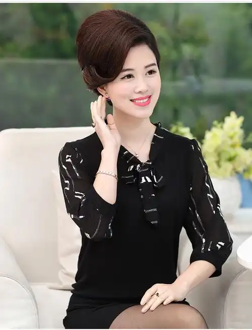 2017新款妈妈40岁50夏装中年人妇女短袖雪纺衫中袖春秋上衣服装30