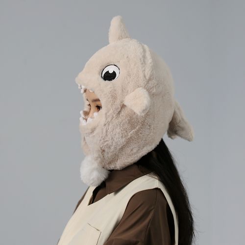 学生可爱卡通毛毛鲨鱼头套帽子一体秋冬少女防寒搞怪护颈面罩可拆
