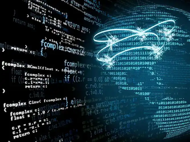 科技蓝色程序代码和二进制数字地球上的蓝色光束未来抽象概念背景美好