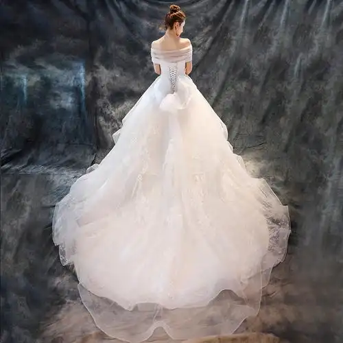 苏州虎丘一字肩长拖尾婚纱礼服2020春季新款韩式婚纱