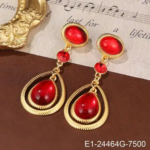 新年红色系高级感中古风琉璃耳饰925银轻奢玫瑰花几何耳环饰品女