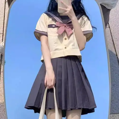 日系软妹夏季新款jk百褶裙制服学院风套装短袖灰粉服