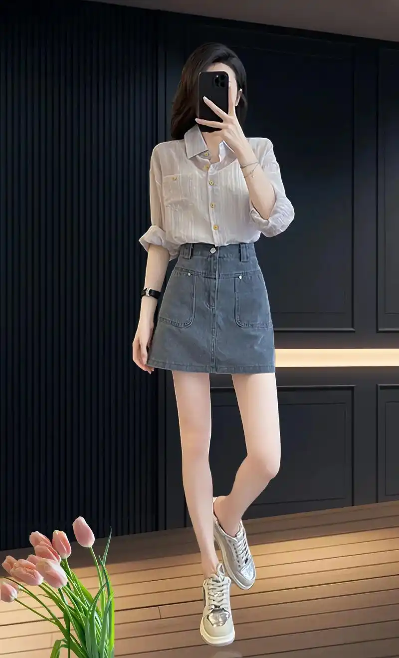 早秋新款女装,减龄衬衫搭配长袖高腰短裙,薄款很潮