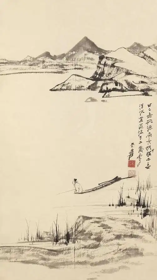 张大千《寒江独钓图》一幅简单的画面,虚实结合,不画水仍然让人感受到