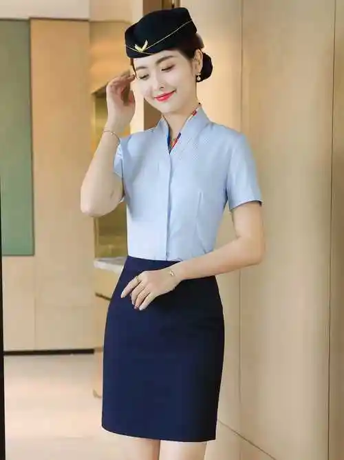 正品空乘面试职业装衬衫女工作服v领长袖白衬衣南航空姐制服条纹