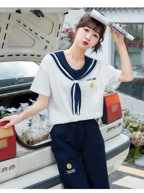 实拍初中生夏装套装女新学院风海军领高中生七分裤jk校服两件套