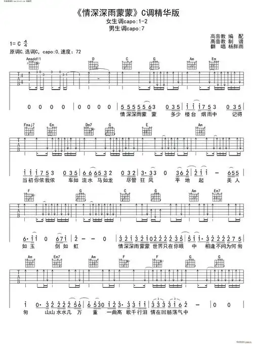 情深深雨蒙蒙 杨胖雨 c调精华版(吉他谱)1