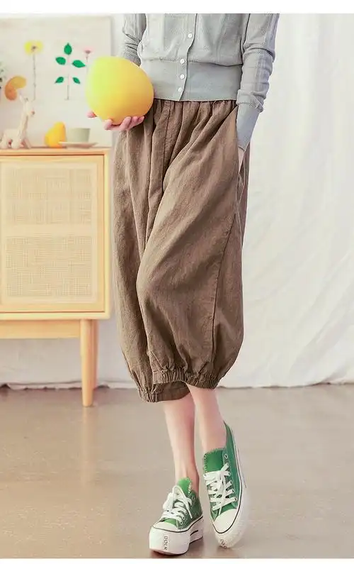 复古纯色苎麻吊裆裤女2022春季新款文艺宽松大码遮肉休闲裤子256