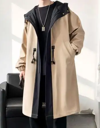 男士长款风衣韩版青年帅气拼接时尚男装连帽大衣外套a21同款卡其色m