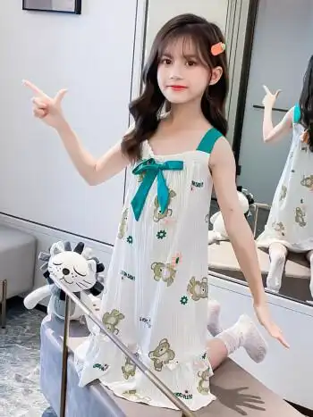 刁灵童装女童睡衣夏季薄款棉公主中大童家居服小女孩儿童吊带睡裙可爱