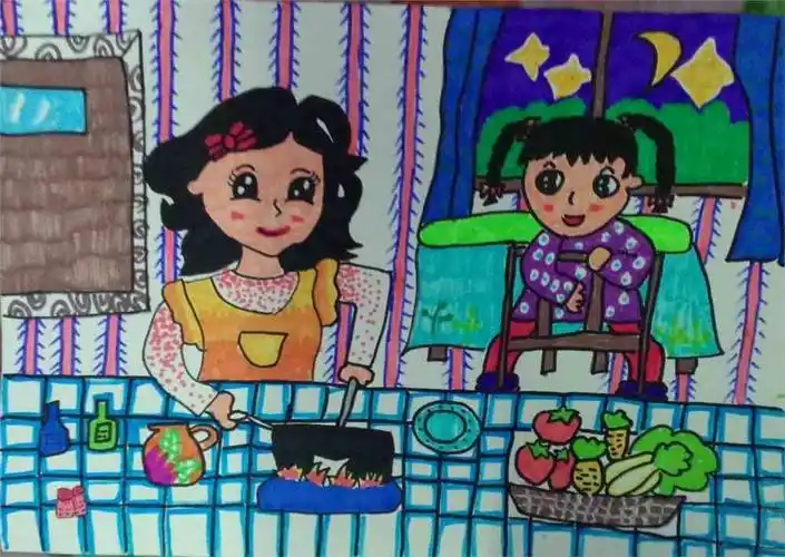 蜡笔画,做饭大全,我看妈妈做饭,做饭,图片,儿童画