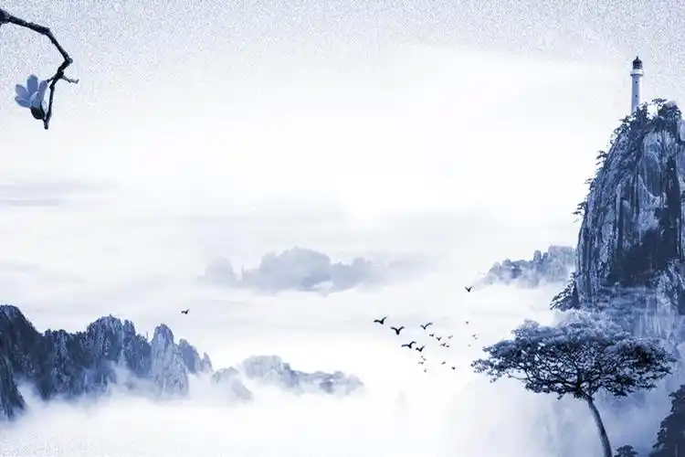 蓝色水墨山水古典中国风ppt背景图片