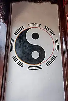 贵州省贵阳青岩古镇万寿宫庭院走廊上的太极八卦图