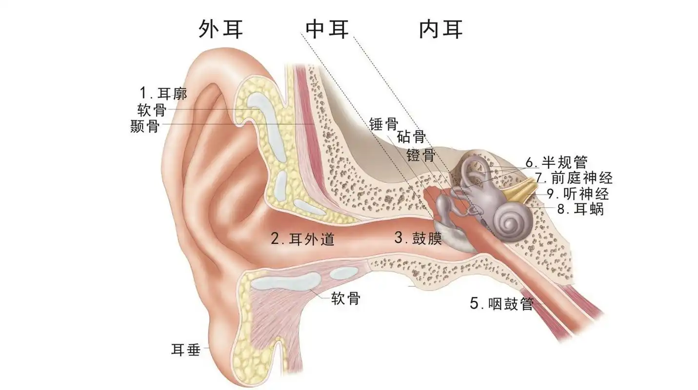 1.耳廓2.外耳道3.鼓膜4.听骨链(锤骨,镫骨,砧骨)5.咽鼓管 6.半规管7.