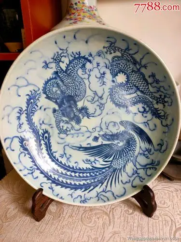 清代,青花龙凤盘子._青花瓷_收藏价格_鉴定交易_7788瓷器网