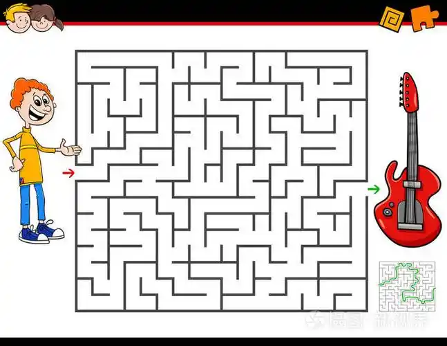 卡通插图教育迷宫或迷宫活动游戏的儿童与男孩和电吉他乐器