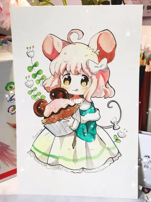 水彩动漫临摹手绘甜品女孩带详细过程