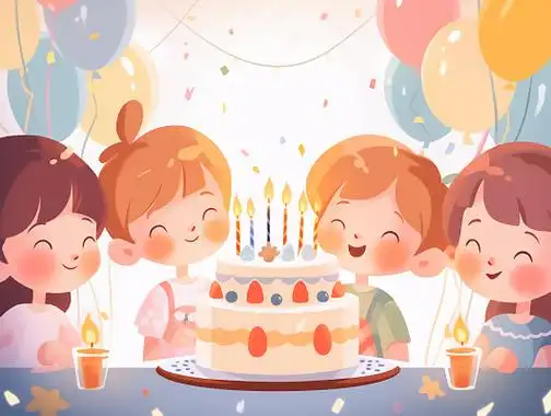 儿童绘本风格的可爱孩子在生日蛋糕前过生日