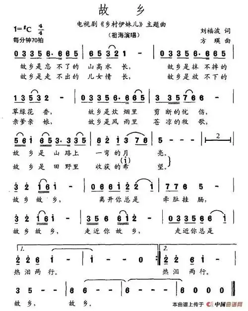 故乡(电视剧《乡村伊妹儿》主题歌)简谱 - 民族歌曲简谱