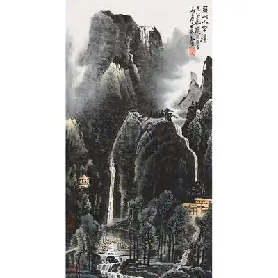 lot.47 李可染款 附鉴定(李小可鉴定证书)《黄山人字瀑》纸本镜心